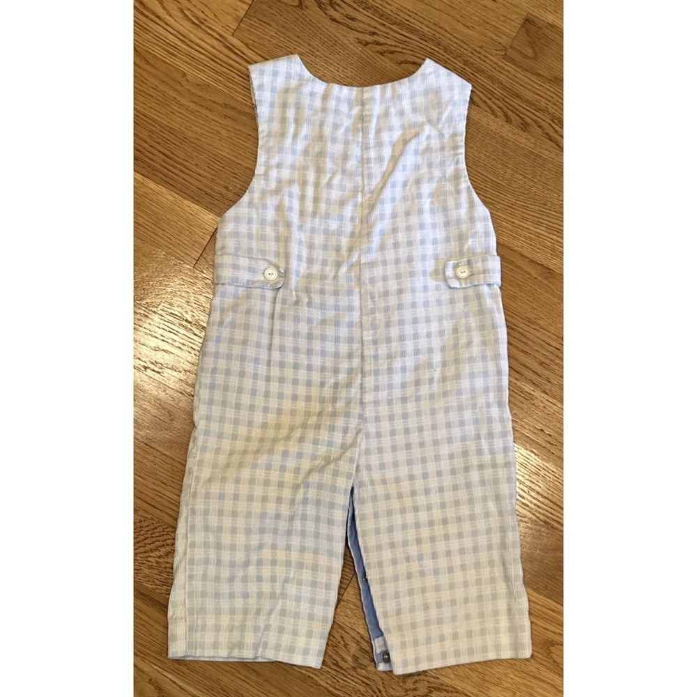 Vintage Boys Overall 18 Months Blue Plaid Corduroy Boy Bike Embroidered Longall - Picture 8 of 9